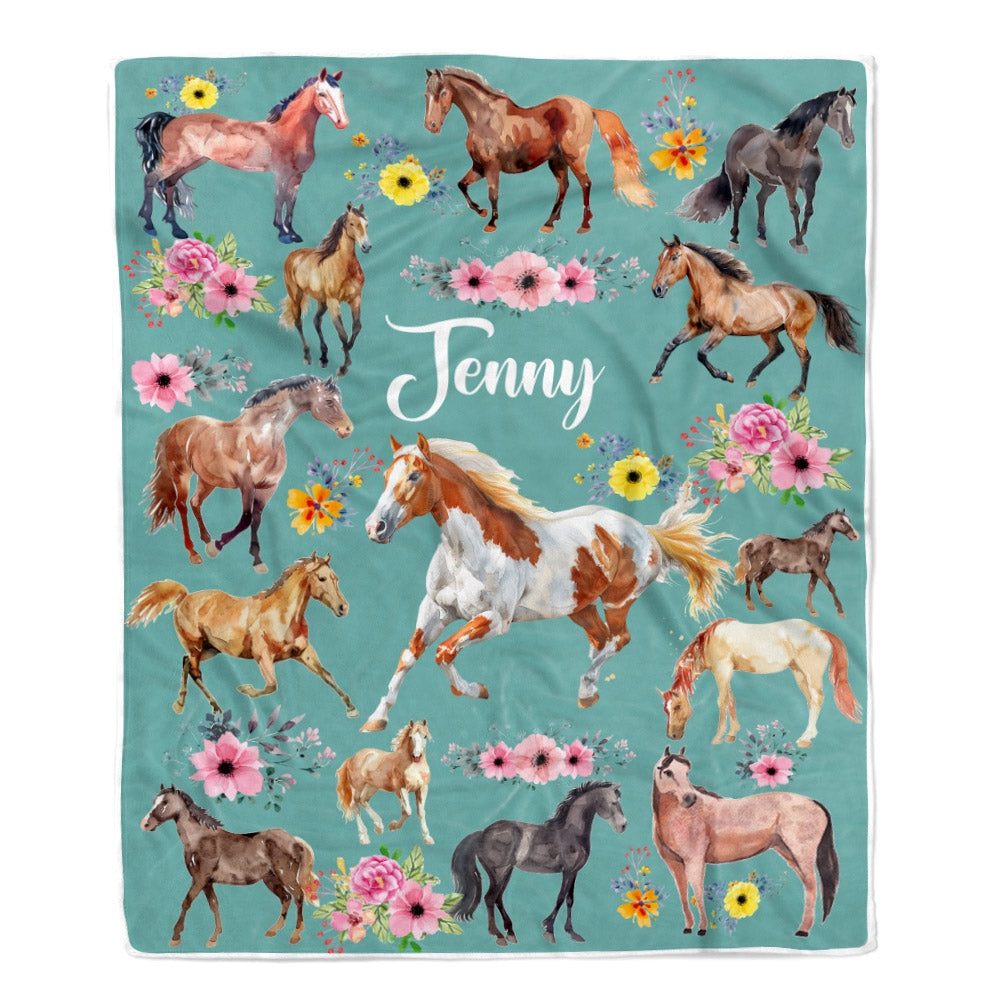 Personalized Horse Blanket For Girl Kid Women Horses Floral Flower For Daughter Niece Granddaughter Birthday Christmas Customized Bed Fleece Throw Blanket | teecentury
