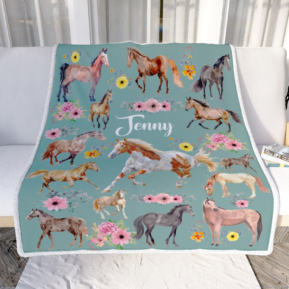 Personalized Horse Blanket For Girl Kid Women Horses Floral Flower For Daughter Niece Granddaughter Birthday Christmas Customized Bed Fleece Throw Blanket | teecentury