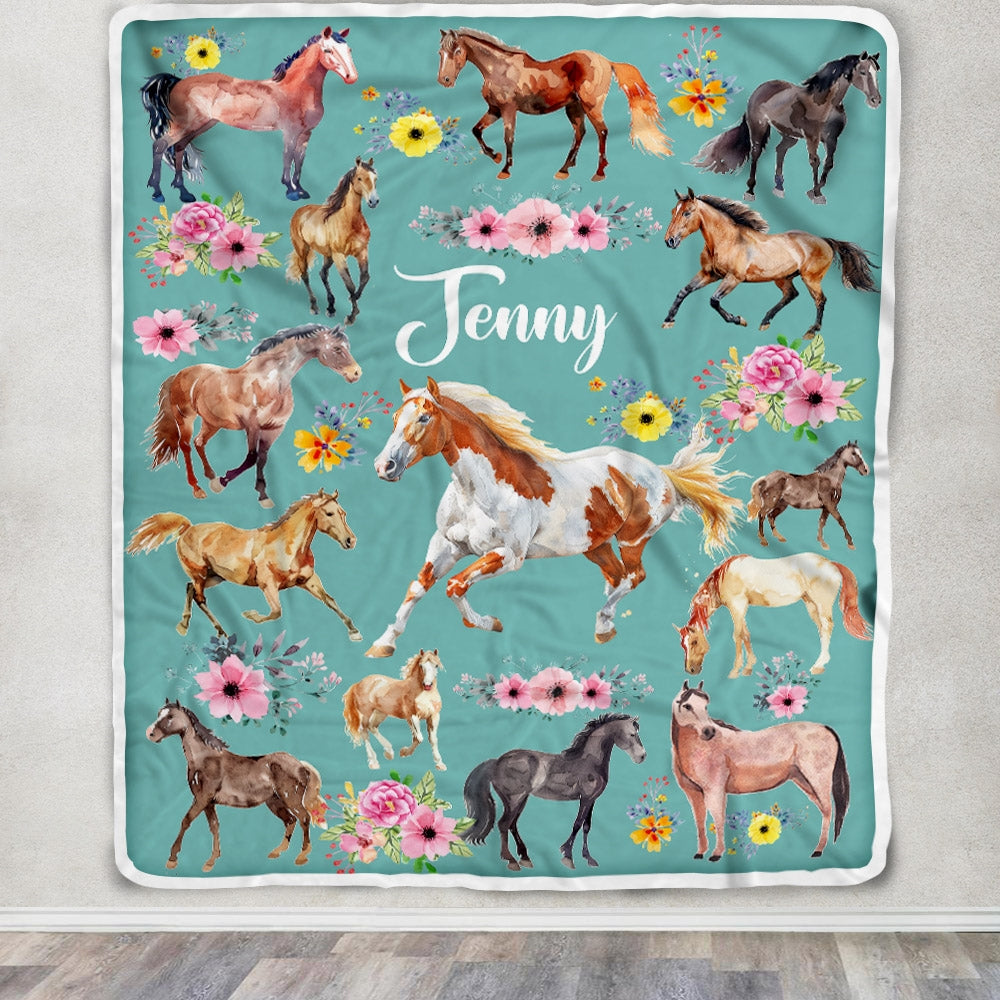 Personalized Horse Blanket For Girl Kid Women Horses Floral Flower For Daughter Niece Granddaughter Birthday Christmas Customized Bed Fleece Throw Blanket | teecentury
