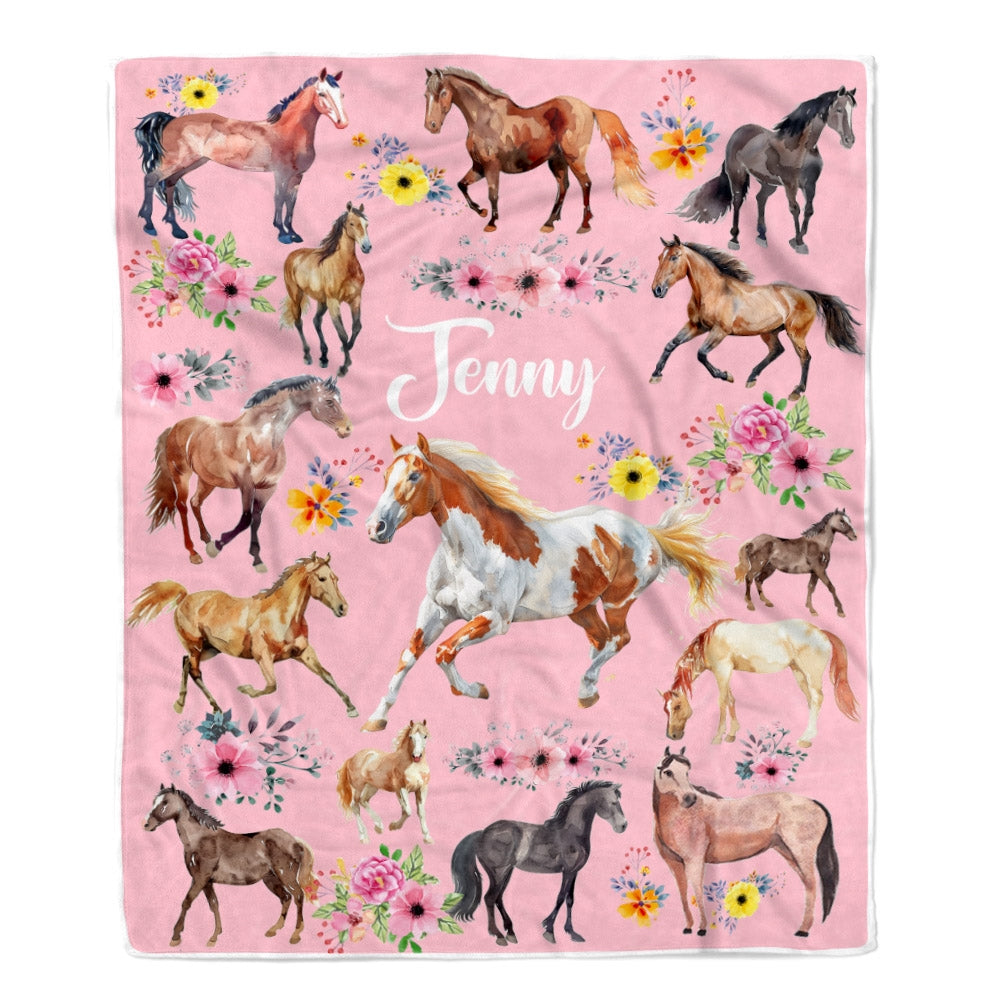 Personalized Horse Blanket For Girl Kids Women Horses Flower Floral For Daughter Niece Granddaughter Birthday Christmas Customized Bed Fleece Throw Blanket | teecentury