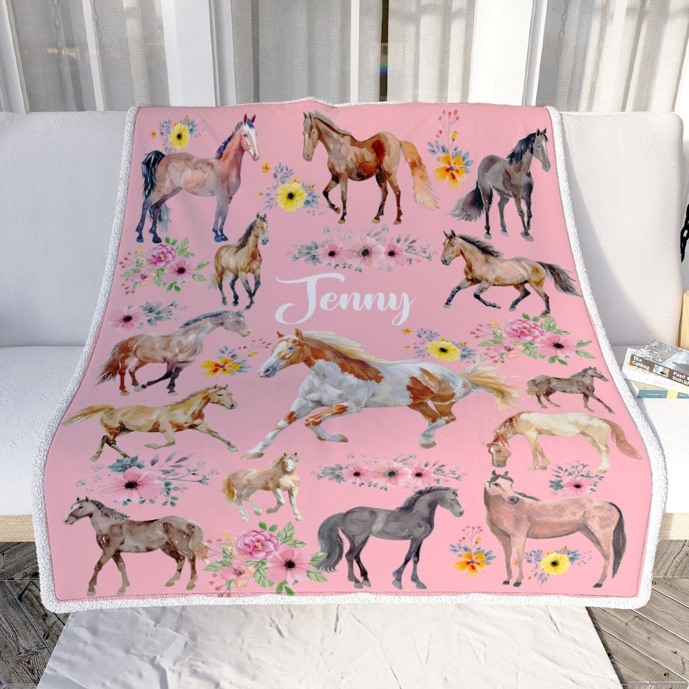 Personalized Horse Blanket For Girl Kids Women Horses Flower Floral For Daughter Niece Granddaughter Birthday Christmas Customized Bed Fleece Throw Blanket | teecentury