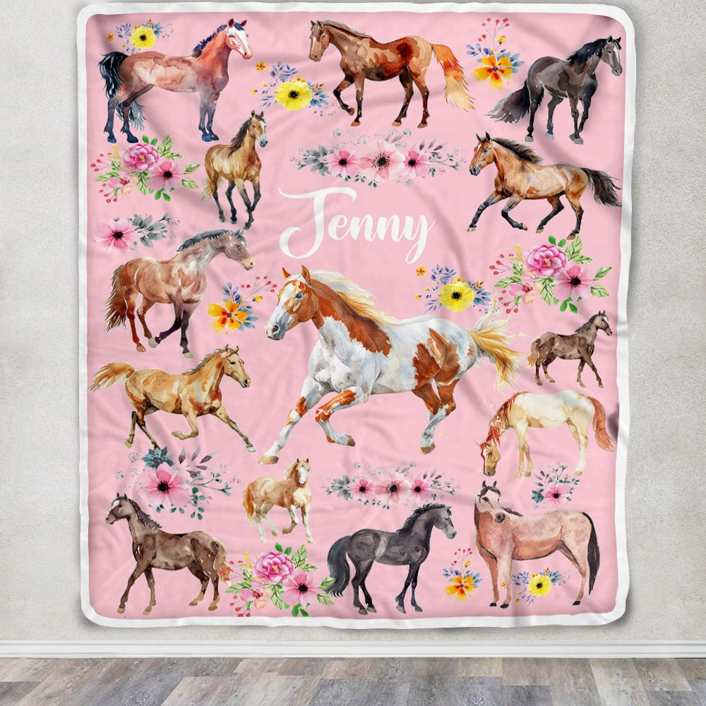 Personalized Horse Blanket For Girl Kids Women Horses Flower Floral For Daughter Niece Granddaughter Birthday Christmas Customized Bed Fleece Throw Blanket | teecentury