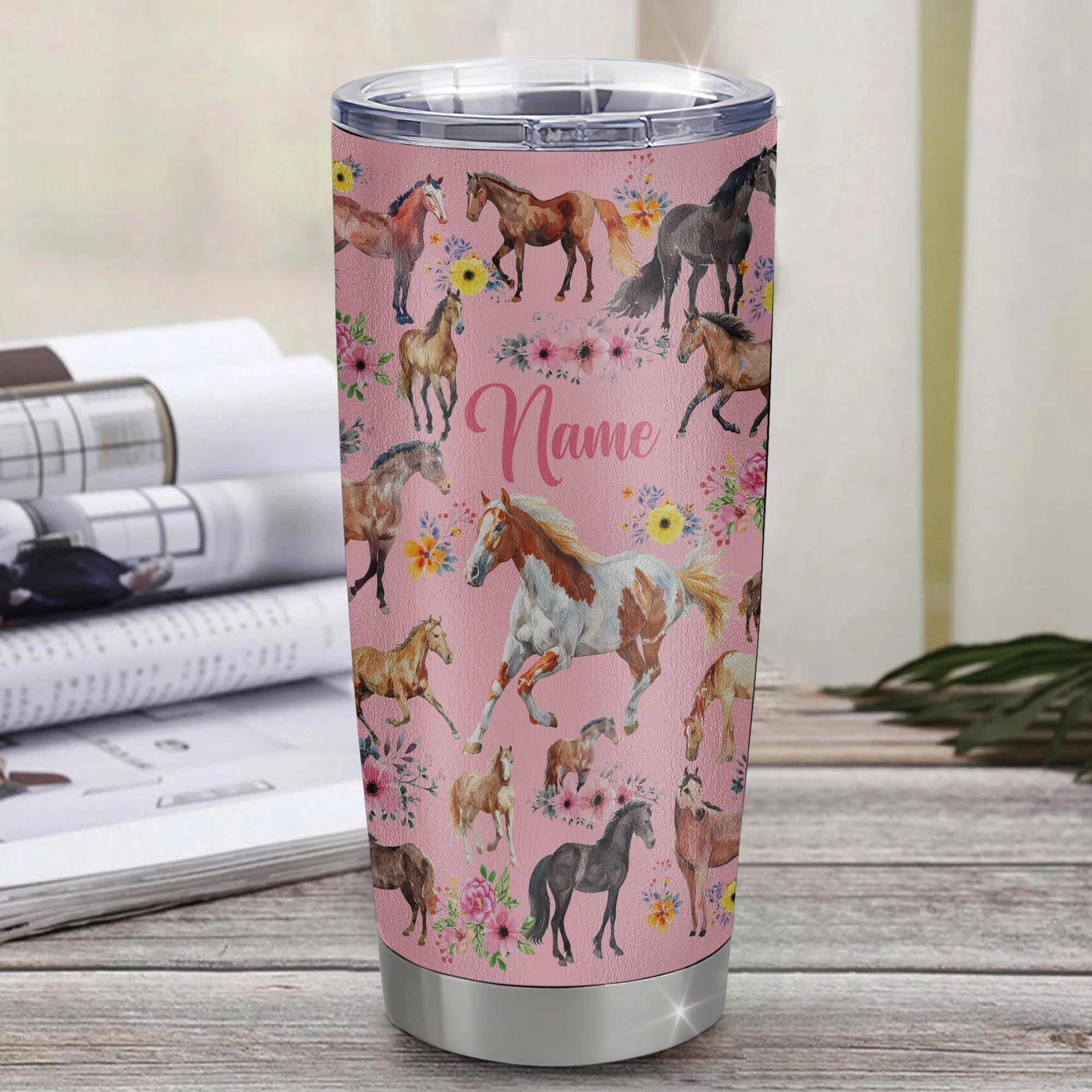 Personalized Horse Tumbler For Girl Kid Loves Horses Flower Floral Women For Daughter Niece Granddaughter Birthday Graduation Thanksgiving Christmas Travel Mug | teecentury