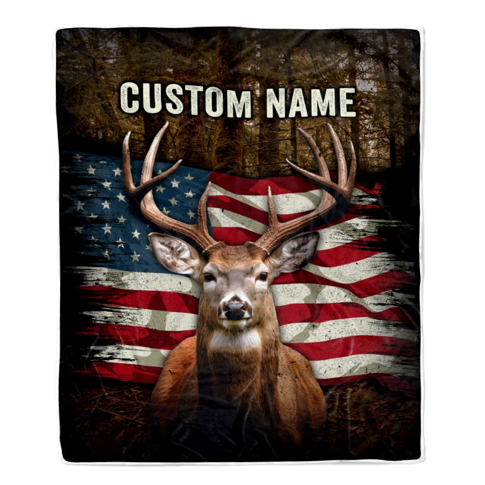 Personalized Hunting Blanket American Flag Deer For Son Dad Grandpa Papa Uncle Husband Hunter For Men Birthday Customized Christmas Fleece Throw Blanket Blanket | Teecentury.com