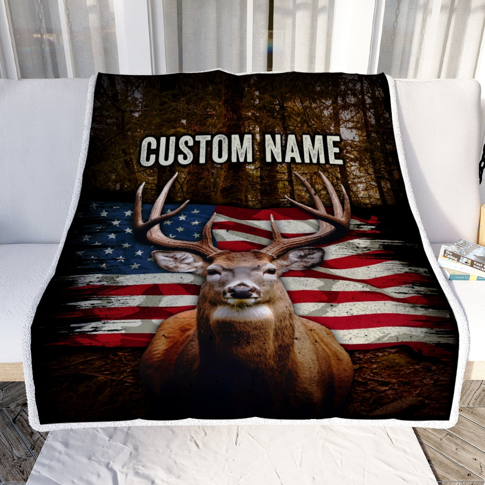 Personalized Hunting Blanket American Flag Deer For Son Dad Grandpa Papa Uncle Husband Hunter For Men Birthday Customized Christmas Fleece Throw Blanket Blanket | Teecentury.com