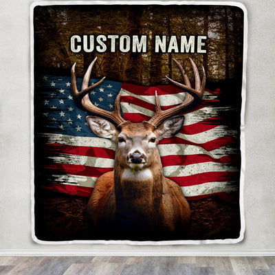 Personalized Hunting Blanket American Flag Deer For Son Dad Grandpa Papa Uncle Husband Hunter For Men Birthday Customized Christmas Fleece Throw Blanket Blanket | Teecentury.com