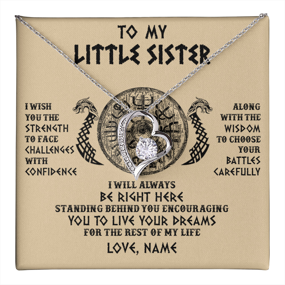 Forever Love Necklace 14K White Gold Finish | 1 | Personalized Little Sister Viking Necklace I Wish You The Strength Scandinavian Norse Runes Viking For Women Sister Birthday Customized Gift Box Message Card | teecentury