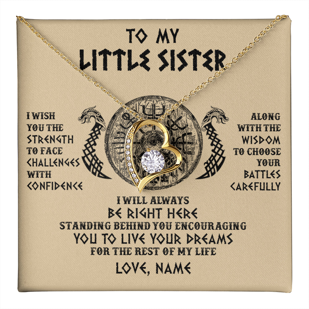 Forever Love Necklace 18K Yellow Gold Finish | 1 | Personalized Little Sister Viking Necklace I Wish You The Strength Scandinavian Norse Runes Viking For Women Sister Birthday Customized Gift Box Message Card | teecentury
