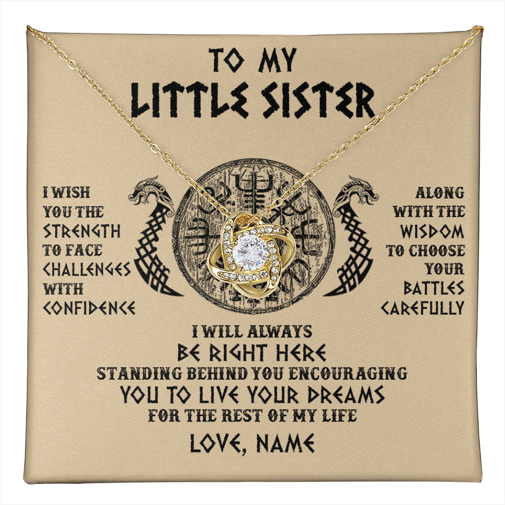 Love Knot Necklace 18K Yellow Gold Finish | 1 | Personalized Little Sister Viking Necklace I Wish You The Strength Scandinavian Norse Runes Viking For Women Sister Birthday Customized Gift Box Message Card | teecentury