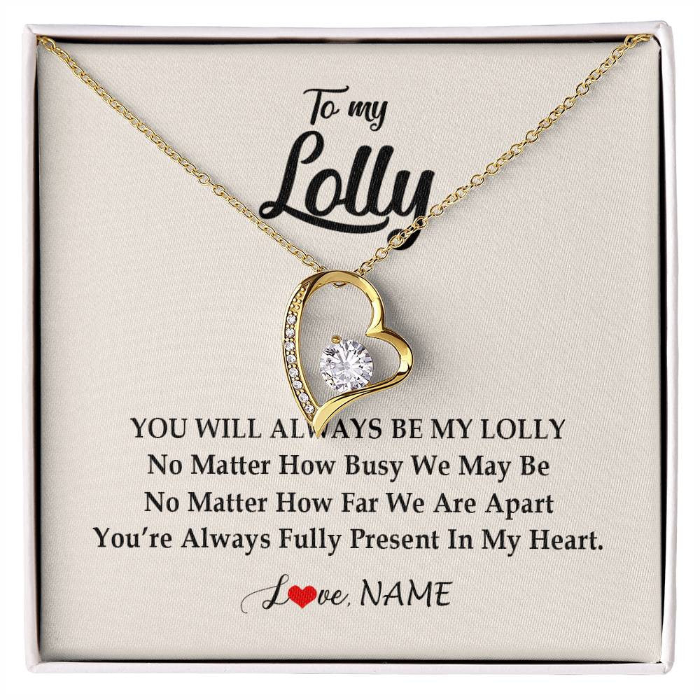Forever Love Necklace 18K Yellow Gold Finish | Personalized Lolly Necklace From Grandkids Granddaughter Grandson You're Always In My Heart Lolly Birthday Mothers Day Jewelry Customized Gift Box Message Card | teecentury