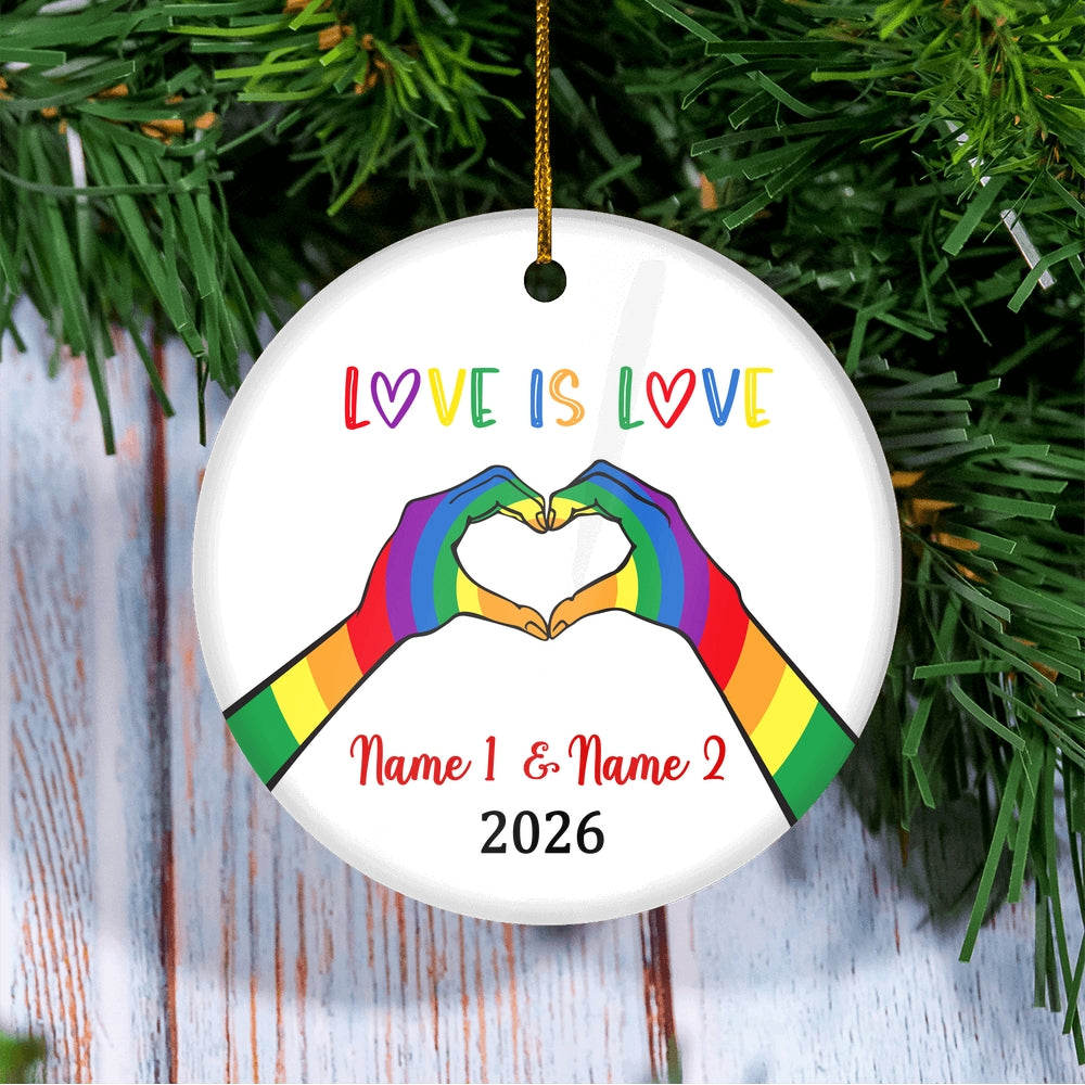 Personalized Love is Love LGBT Ornament Couple LGBTQ Christmas Tree Gay Lesbian Rainbow Friend Lovers Pride Customized Christmas Tree Ornament | teecentury