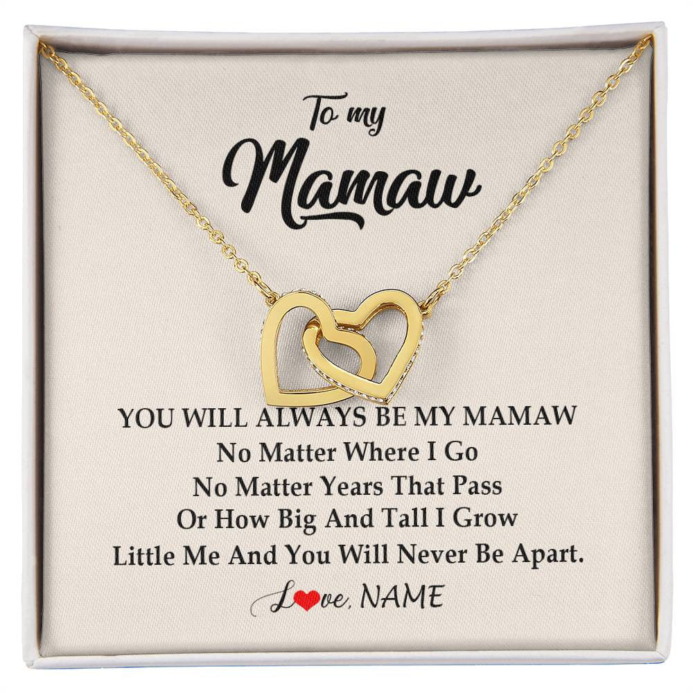 Interlocking Hearts Necklace 18K Yellow Gold Finish | Personalized Mamaw Necklace From Grandkids Granddaughter Grandson You Will Always Be My Mamaw Birthday Mothers Day Christmas Customized Gift Box Message Card | teecentury