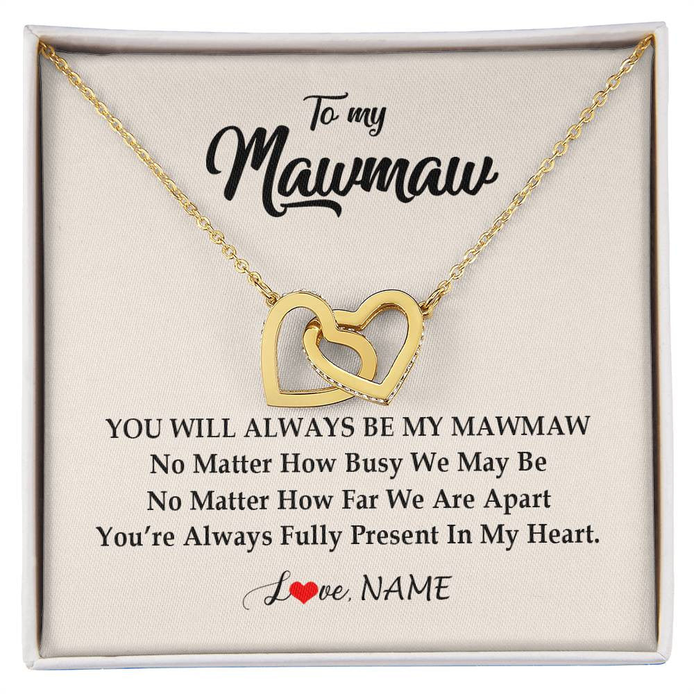 Interlocking Hearts Necklace 18K Yellow Gold Finish | Personalized Mawmaw Necklace From Grandkids Granddaughter Grandson You're Always In My Heart Mawmaw Birthday Mothers Day Customized Gift Box Message Card | teecentury