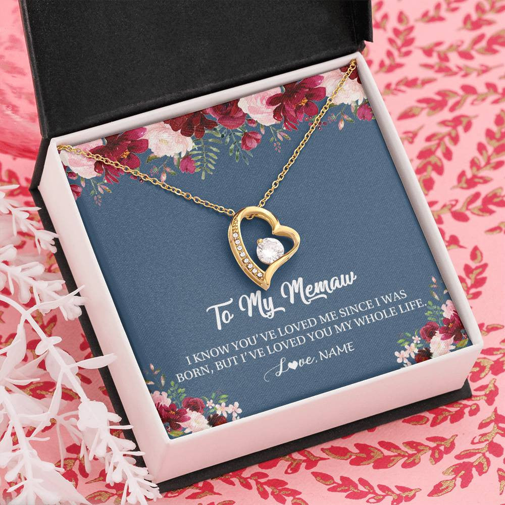 Forever Love Necklace 18K Yellow Gold Finish | Personalized Memaw Necklace From Grandkids Granddaughter Grandson I've Loved You My Whole Life Floral Memaw Birthday Mothers Day Christmas Customized Message Card | teecentury