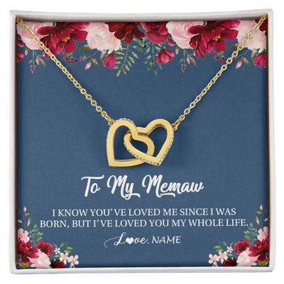 Interlocking Hearts Necklace 18K Yellow Gold Finish | Personalized Memaw Necklace From Grandkids Granddaughter Grandson I've Loved You My Whole Life Floral Memaw Birthday Mothers Day Christmas Customized Message Card | teecentury