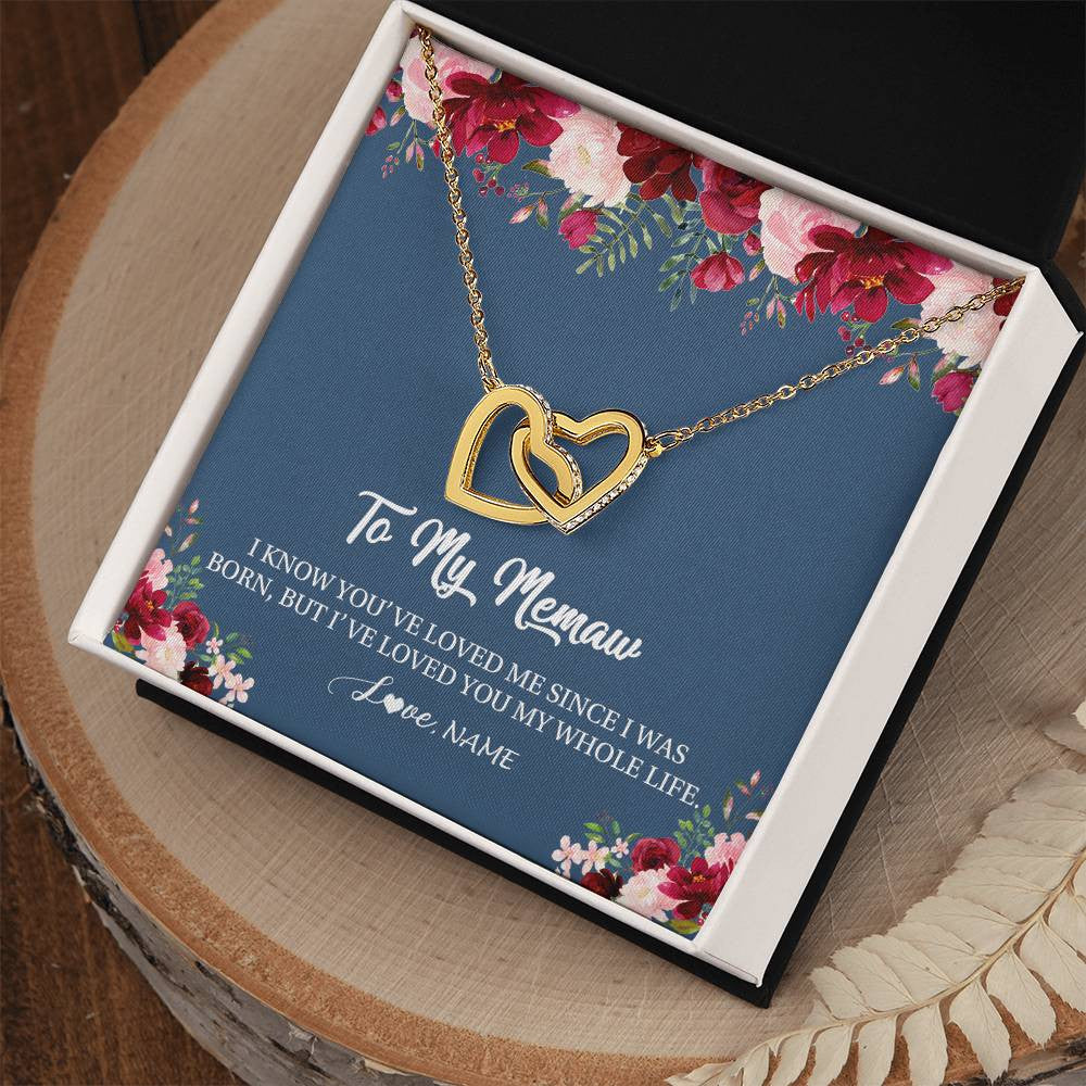 Interlocking Hearts Necklace 18K Yellow Gold Finish | Personalized Memaw Necklace From Grandkids Granddaughter Grandson I've Loved You My Whole Life Floral Memaw Birthday Mothers Day Christmas Customized Message Card | teecentury