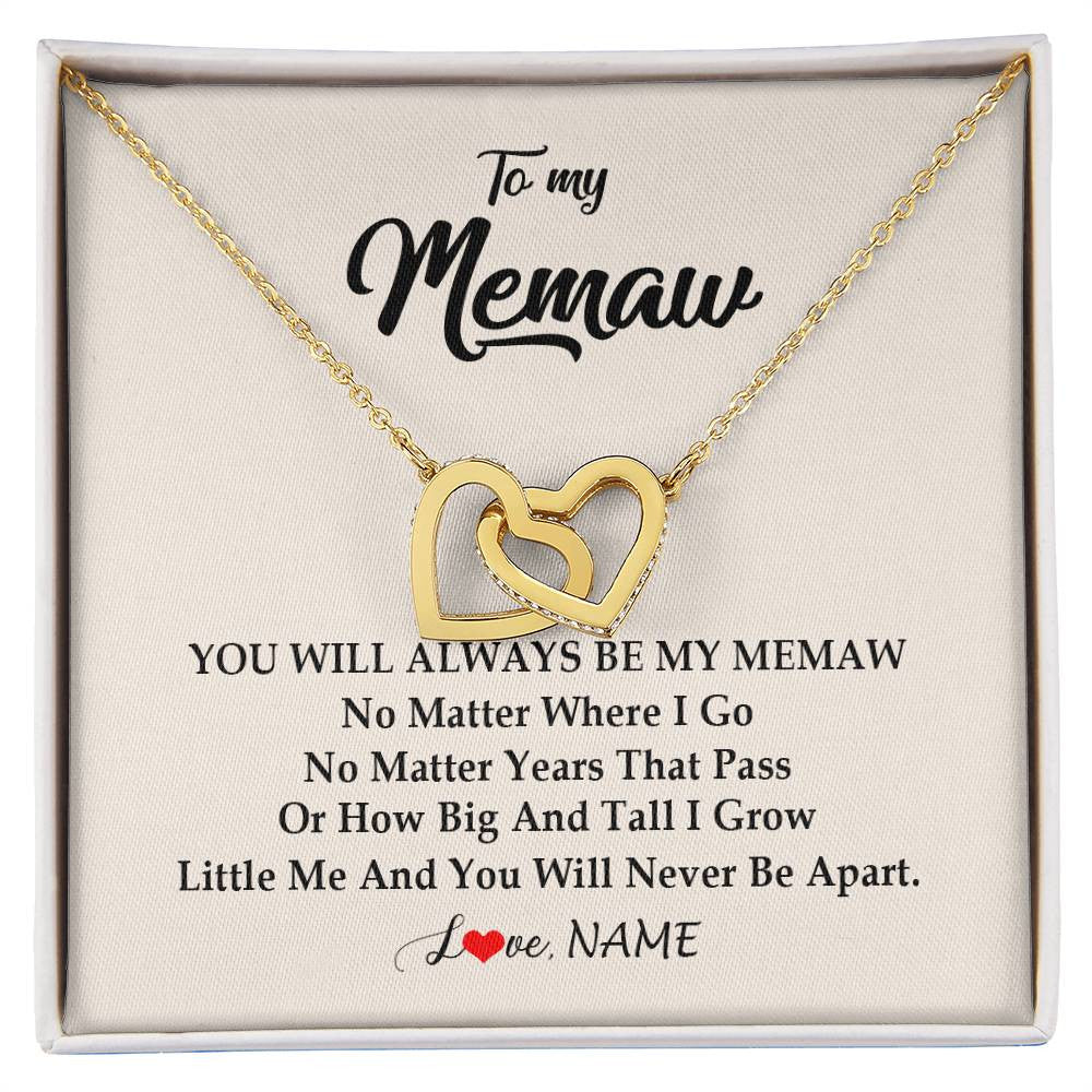 Interlocking Hearts Necklace 18K Yellow Gold Finish | Personalized Memaw Necklace From Grandkids Granddaughter Grandson You Will Always Be My Meme Birthday Mothers Day Christmas Customized Gift Box Message Card | teecentury