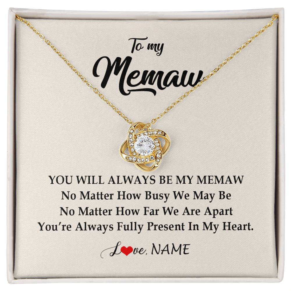 Love Knot Necklace 18K Yellow Gold Finish | Personalized Memaw Necklace From Grandkids Granddaughter Grandson You're Always In My Heart Memaw Birthday Mothers Day Jewelry Customized Gift Box Message Card | teecentury