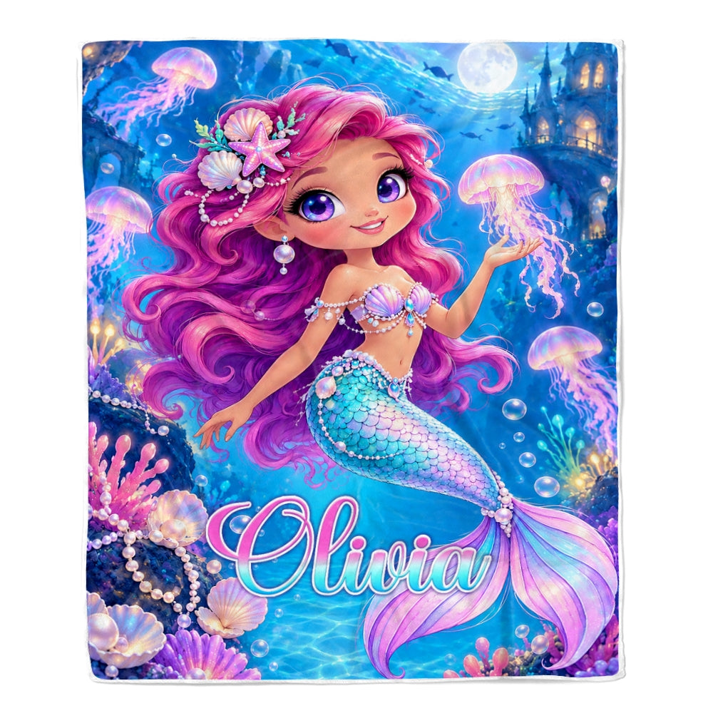 Personalized Mermaid Blanket For Her Girls Mermaid Custom Name Underwater Princess Purple Hair Ocean Theme Kids Birthday Gift Christmas Fleece Throw Blanket | teecentury