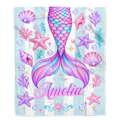 Personalized Mermaid Tail Blanket For Girls Custom Name Daughter Kids Beach Theme Birthday Gift Toddler Bedroom Decor Ocean Sea Creatures Fleece Throw Blanket | teecentury