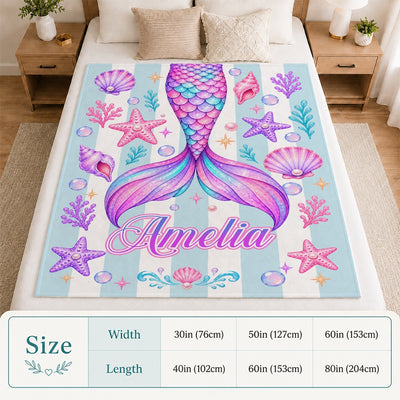 Personalized Mermaid Tail Blanket For Girls Custom Name Daughter Kids Beach Theme Birthday Gift Toddler Bedroom Decor Ocean Sea Creatures Fleece Throw Blanket | teecentury
