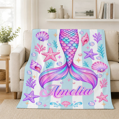 Personalized Mermaid Tail Blanket For Girls Custom Name Daughter Kids Beach Theme Birthday Gift Toddler Bedroom Decor Ocean Sea Creatures Fleece Throw Blanket | teecentury