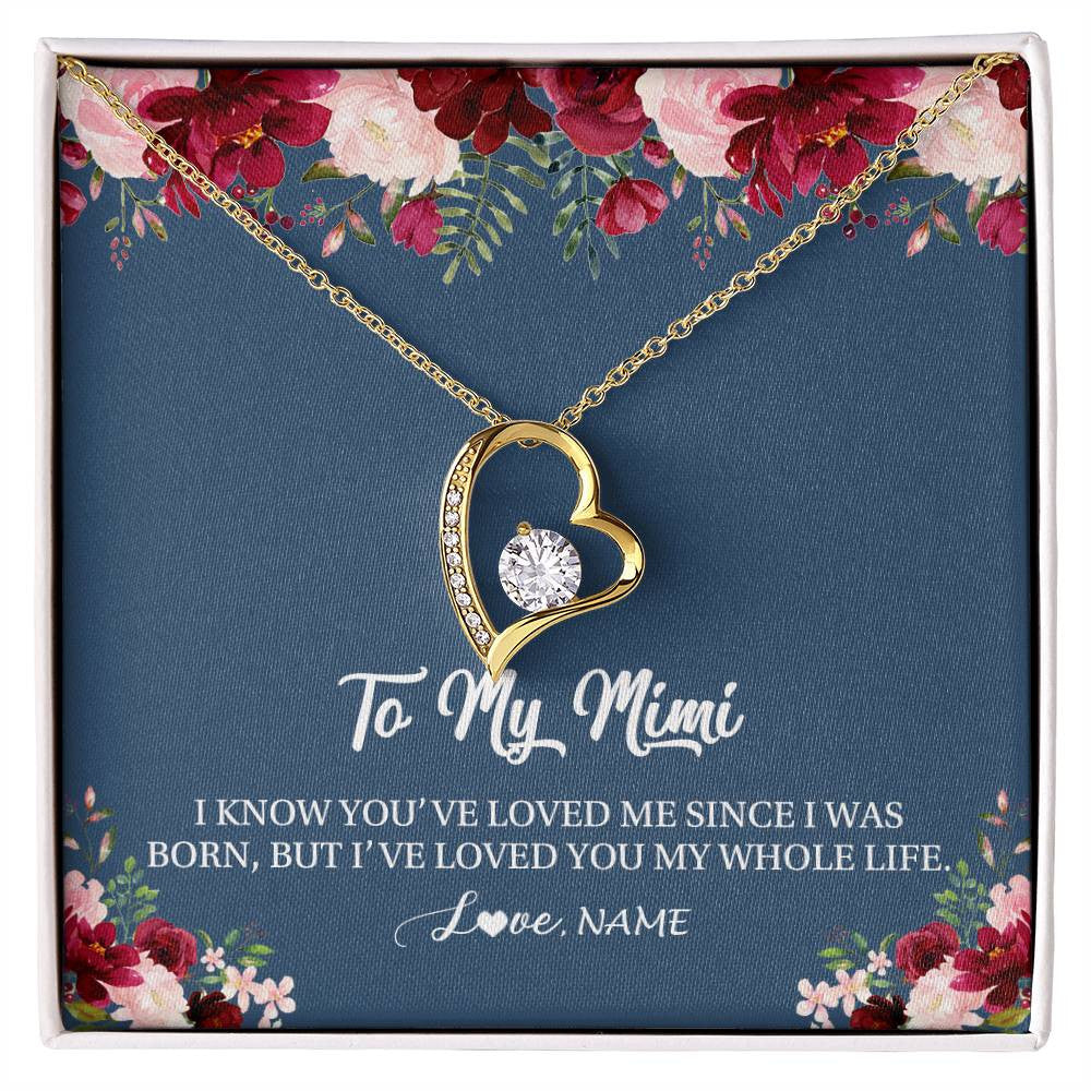 Forever Love Necklace 18K Yellow Gold Finish | Personalized Mimi Necklace From Grandkids Granddaughter Grandson I've Loved You My Whole Life Floral Mimi Birthday Mothers Day Christmas Customized Message Card | teecentury