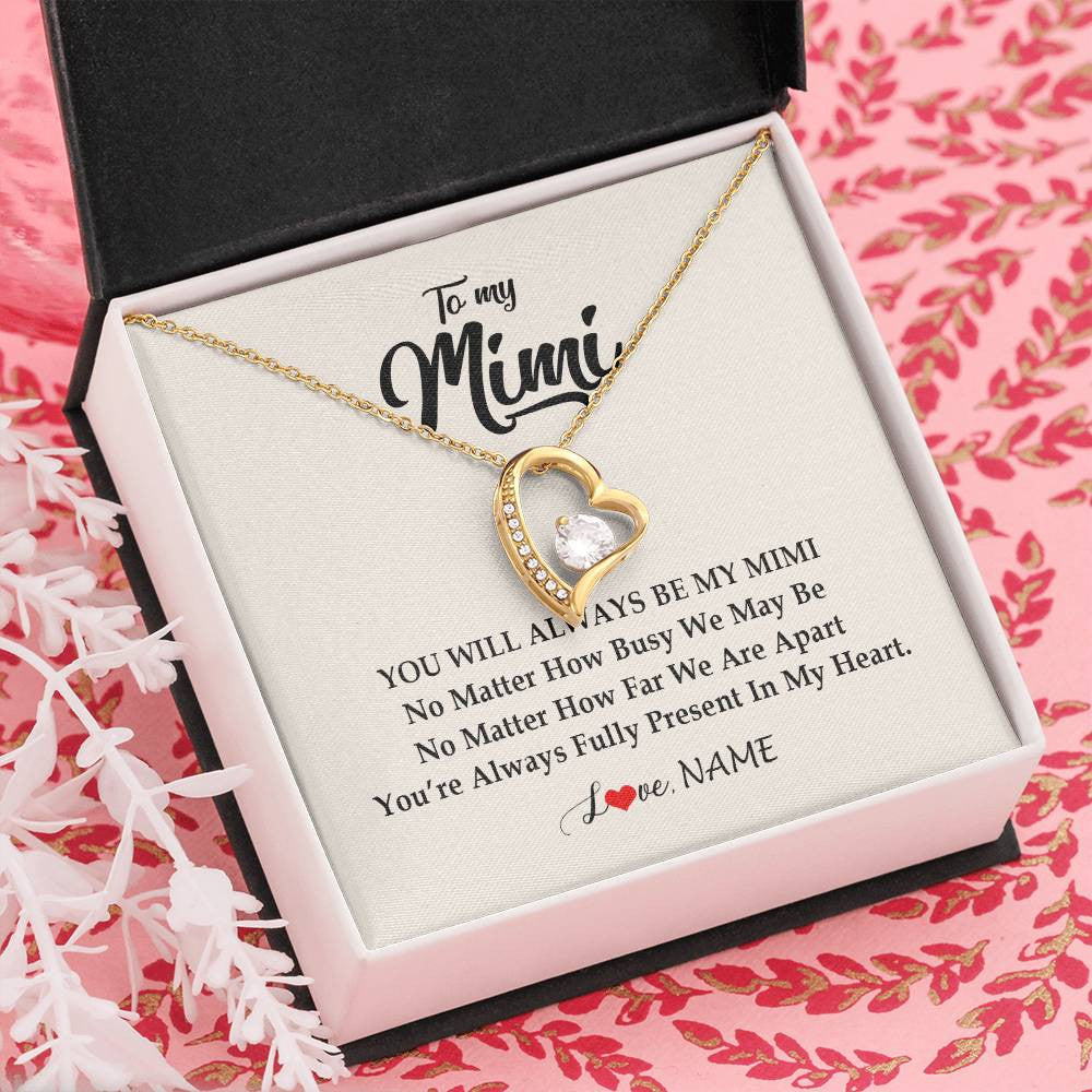 Forever Love Necklace 18K Yellow Gold Finish | Personalized Mimi Necklace From Grandkids Granddaughter Grandson You're Always In My Heart Mimi Birthday Mothers Day Christmas Customized Gift Box Message Card | teecentury