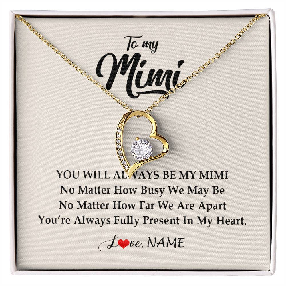 Forever Love Necklace 18K Yellow Gold Finish | Personalized Mimi Necklace From Grandkids Granddaughter Grandson You're Always In My Heart Mimi Birthday Mothers Day Christmas Customized Gift Box Message Card | teecentury