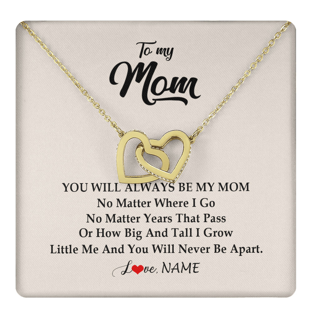Interlocking Hearts Necklace 18K Yellow Gold Finish | 1 | Personalized Mom Necklace From Daughter Son You Will Always Be My Mom Birthday Mothers Day Christmas Customized Gift Box Message Card | teecentury