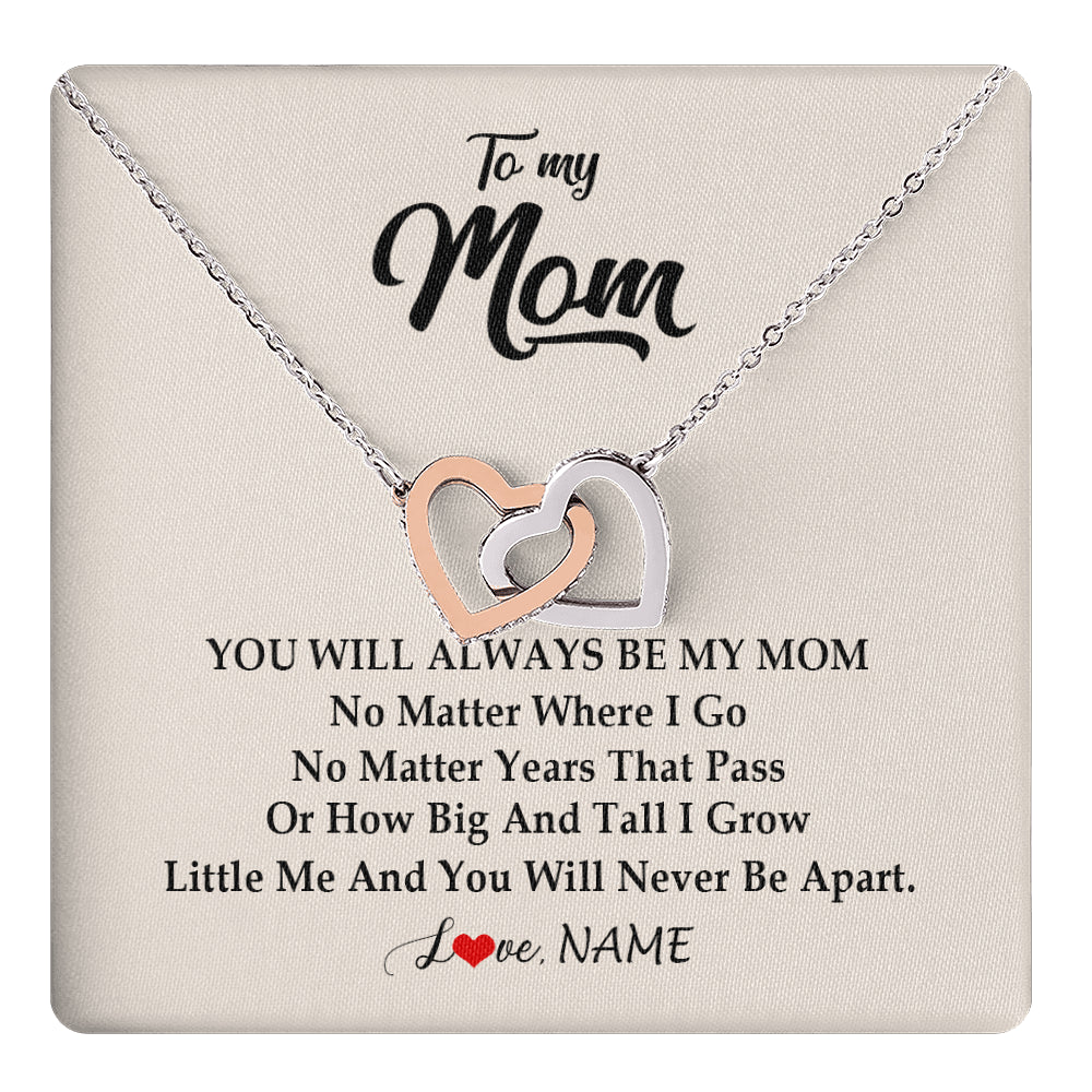 Interlocking Hearts Necklace Stainless Steel & Rose Gold Finish | 1 | Personalized Mom Necklace From Daughter Son You Will Always Be My Mom Birthday Mothers Day Christmas Customized Gift Box Message Card | teecentury