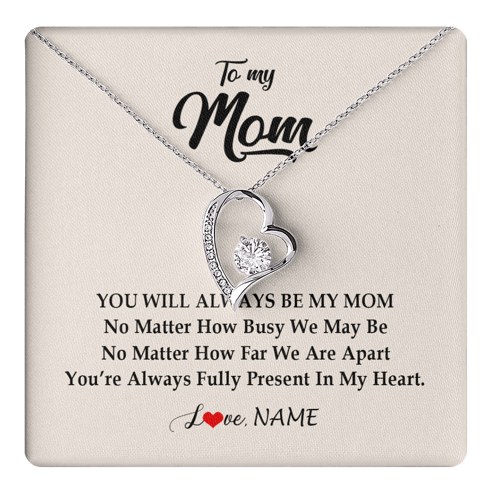 Forever Love Necklace 14K White Gold Finish | 1 | Personalized Mom Necklace From Daughter Son You're Always In My Heart Mom Birthday Mothers Day Christmas Jewelry Pendant Customized Gift Box Message Card | teecentury