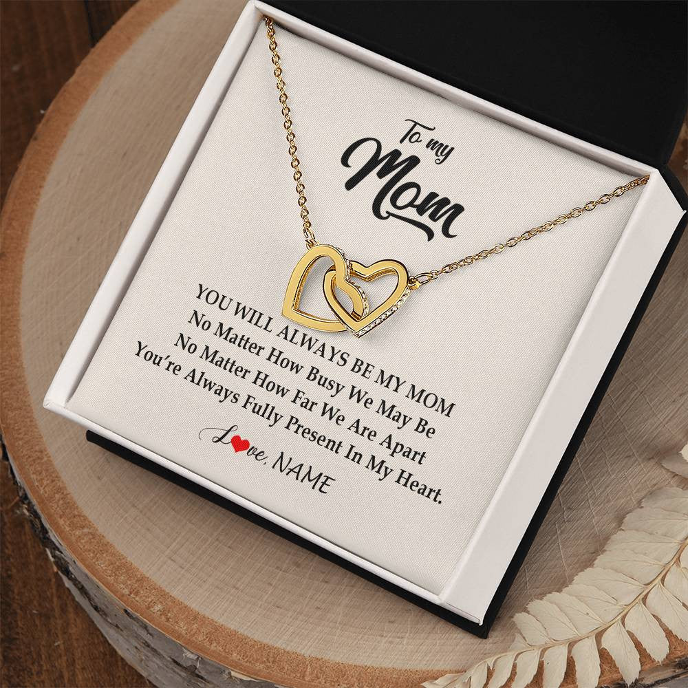 Interlocking Hearts Necklace 18K Yellow Gold Finish | Personalized Mom Necklace From Daughter Son You're Always In My Heart Mom Birthday Mothers Day Christmas Jewelry Pendant Customized Gift Box Message Card | teecentury