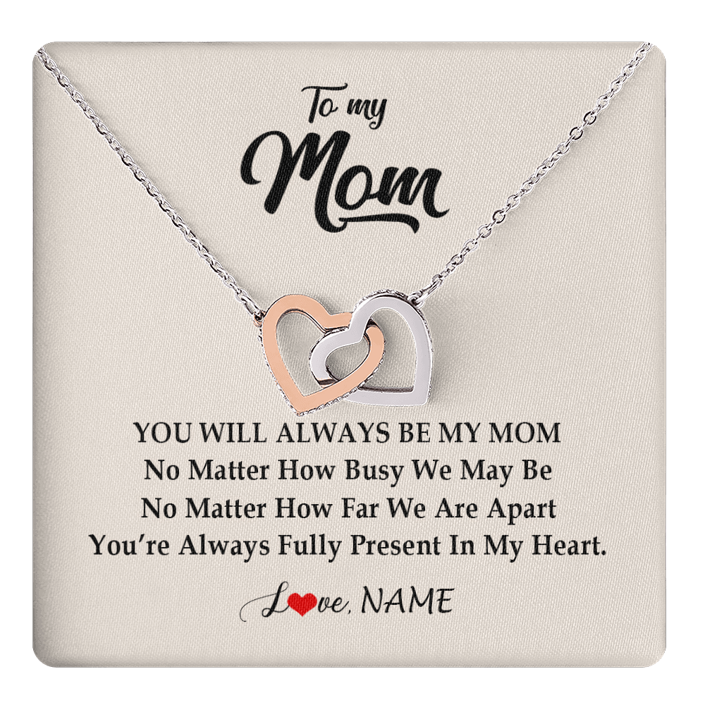 Interlocking Hearts Necklace Stainless Steel & Rose Gold Finish | 1 | Personalized Mom Necklace From Daughter Son You're Always In My Heart Mom Birthday Mothers Day Christmas Jewelry Pendant Customized Gift Box Message Card | teecentury