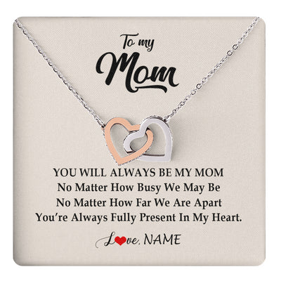 Interlocking Hearts Necklace Stainless Steel & Rose Gold Finish | 1 | Personalized Mom Necklace From Daughter Son You're Always In My Heart Mom Birthday Mothers Day Christmas Jewelry Pendant Customized Gift Box Message Card | teecentury