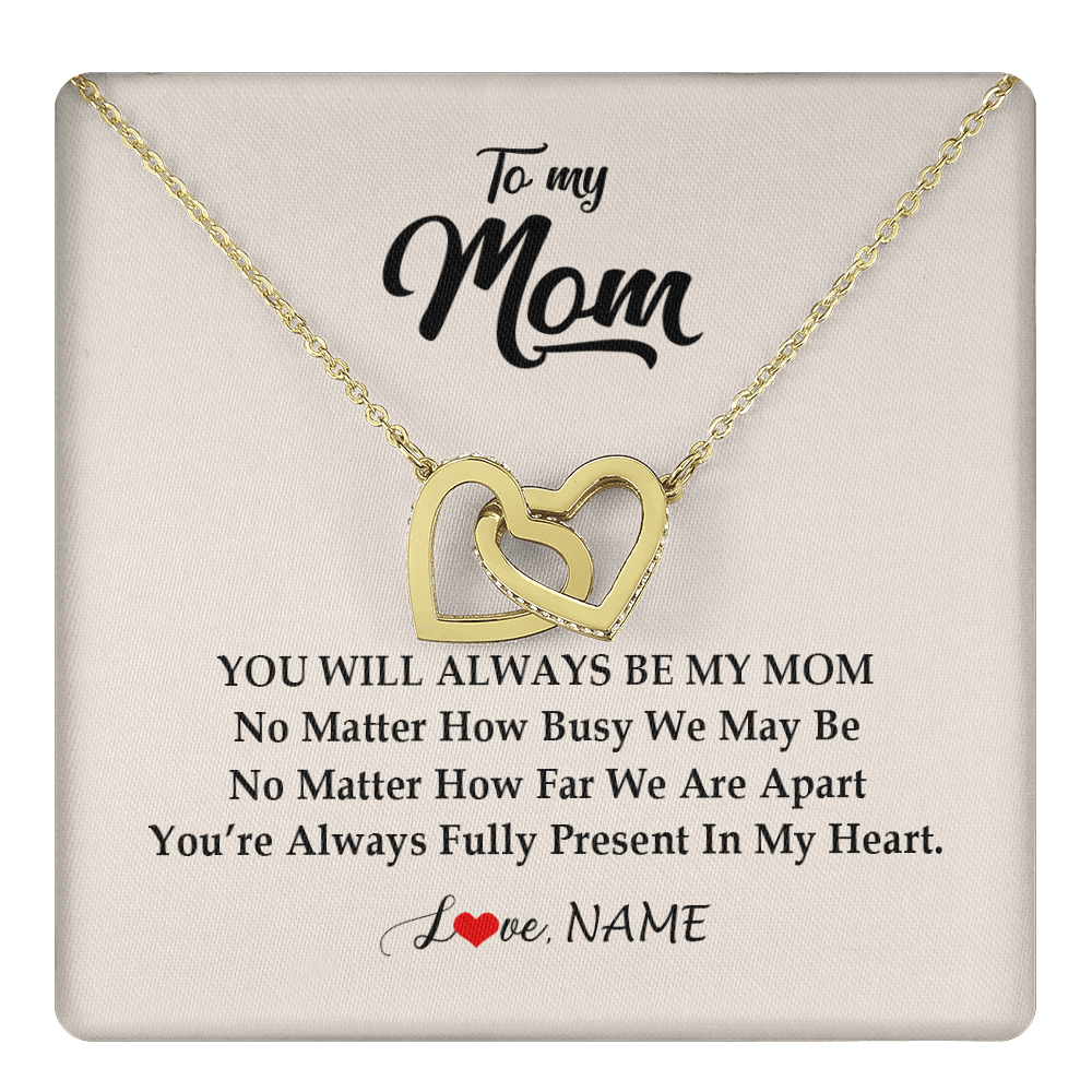 Interlocking Hearts Necklace 18K Yellow Gold Finish | 1 | Personalized Mom Necklace From Daughter Son You're Always In My Heart Mom Birthday Mothers Day Christmas Jewelry Pendant Customized Gift Box Message Card | teecentury