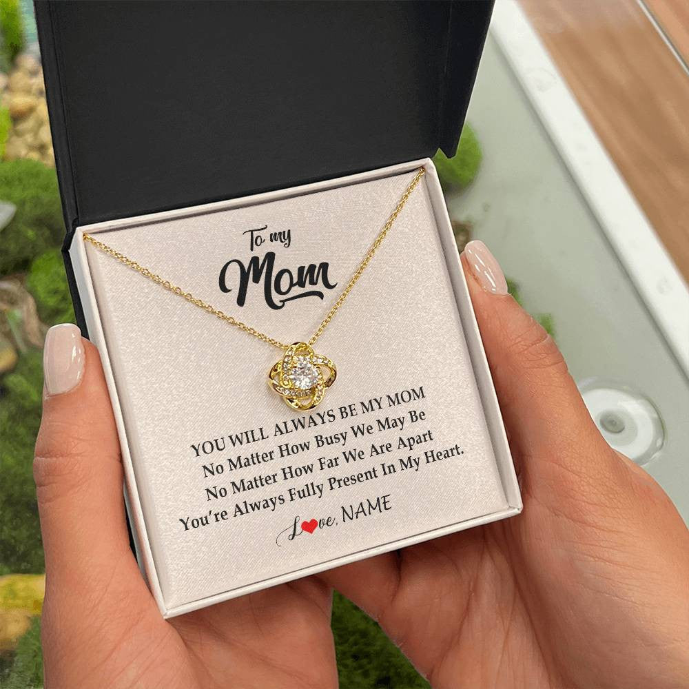Love Knot Necklace 18K Yellow Gold Finish | Personalized Mom Necklace From Daughter Son You're Always In My Heart Mom Birthday Mothers Day Christmas Jewelry Pendant Customized Gift Box Message Card | teecentury