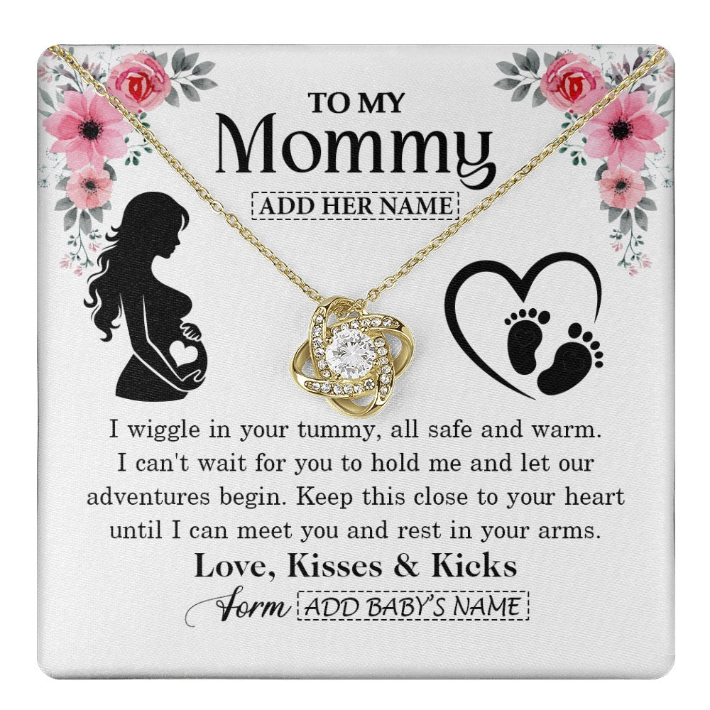 Love Knot Necklace 18K Yellow Gold Finish | 1 | Personalized Mom To Be Gift Pregnancy Gifts For Expecting Mommy Necklace For Women New Mother Present Mothers Day Jewellery Idea Custom Gift Box Message Card | https://teecentury.