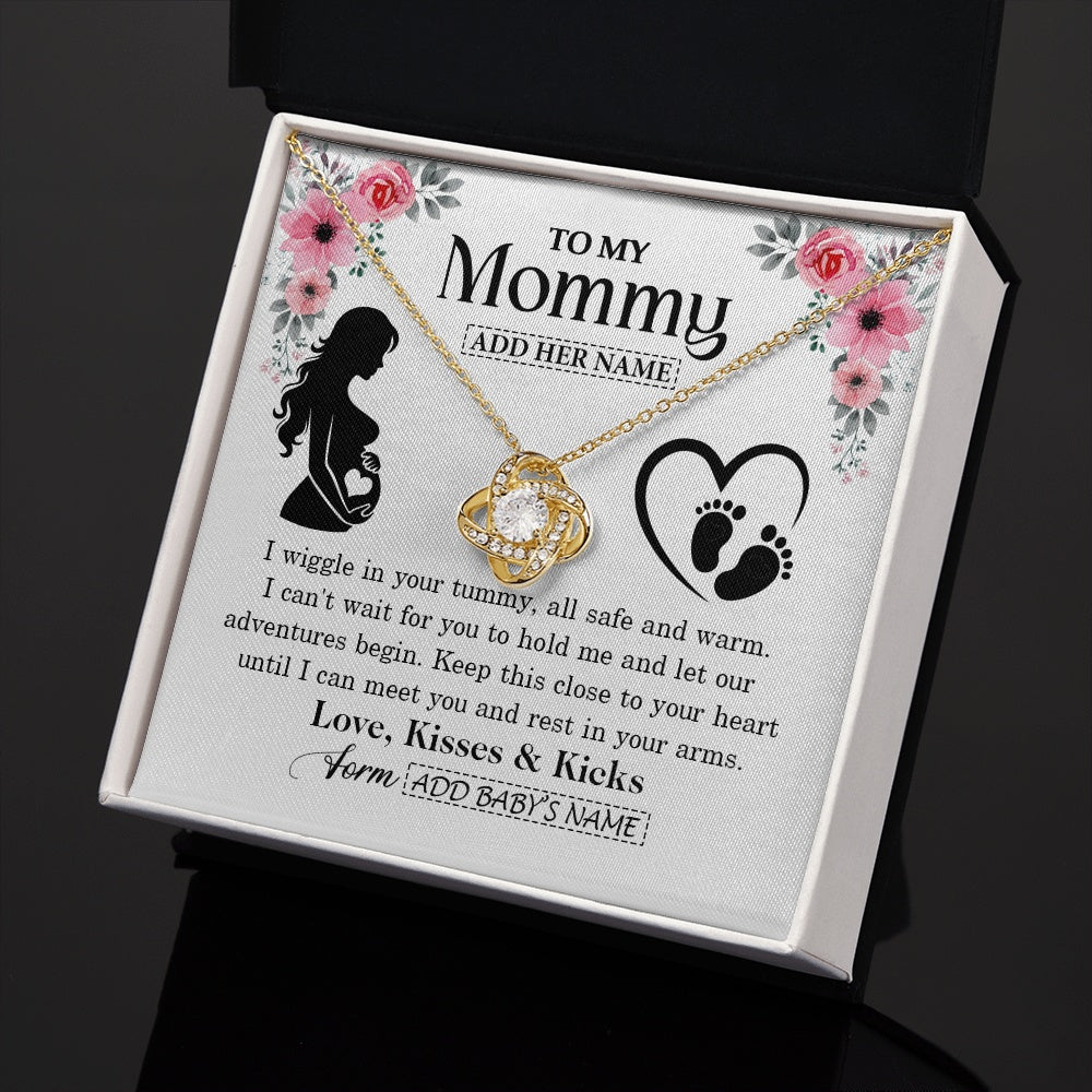 Love Knot Necklace 18K Yellow Gold Finish | 2 | Personalized Mom To Be Gift Pregnancy Gifts For Expecting Mommy Necklace For Women New Mother Present Mothers Day Jewellery Idea Custom Gift Box Message Card | https://teecentury.