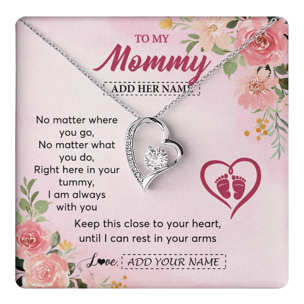 Forever Love Necklace 14K White Gold Finish | 1 | Personalized Mommy To Be Gift Pregnancy Gifts To My Mommy From Baby Bump Necklace Expecting Mom Gifts New Mothers Day Jewellery Custom Gift Box Message Card | https://teecentury.