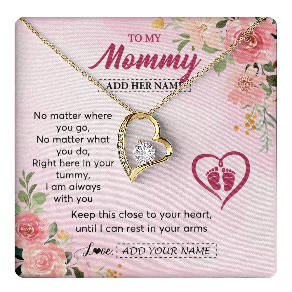 Forever Love Necklace 18K Yellow Gold Finish | 1 | Personalized Mommy To Be Gift Pregnancy Gifts To My Mommy From Baby Bump Necklace Expecting Mom Gifts New Mothers Day Jewellery Custom Gift Box Message Card | https://teecentury.