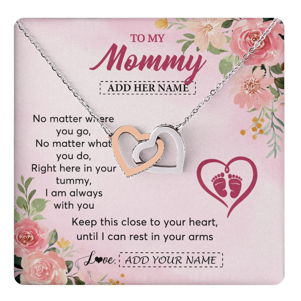 Interlocking Hearts Necklace Stainless Steel & Rose Gold Finish | 1 | Personalized Mommy To Be Gift Pregnancy Gifts To My Mommy From Baby Bump Necklace Expecting Mom Gifts New Mothers Day Jewellery Custom Gift Box Message Card | https://teecentury.