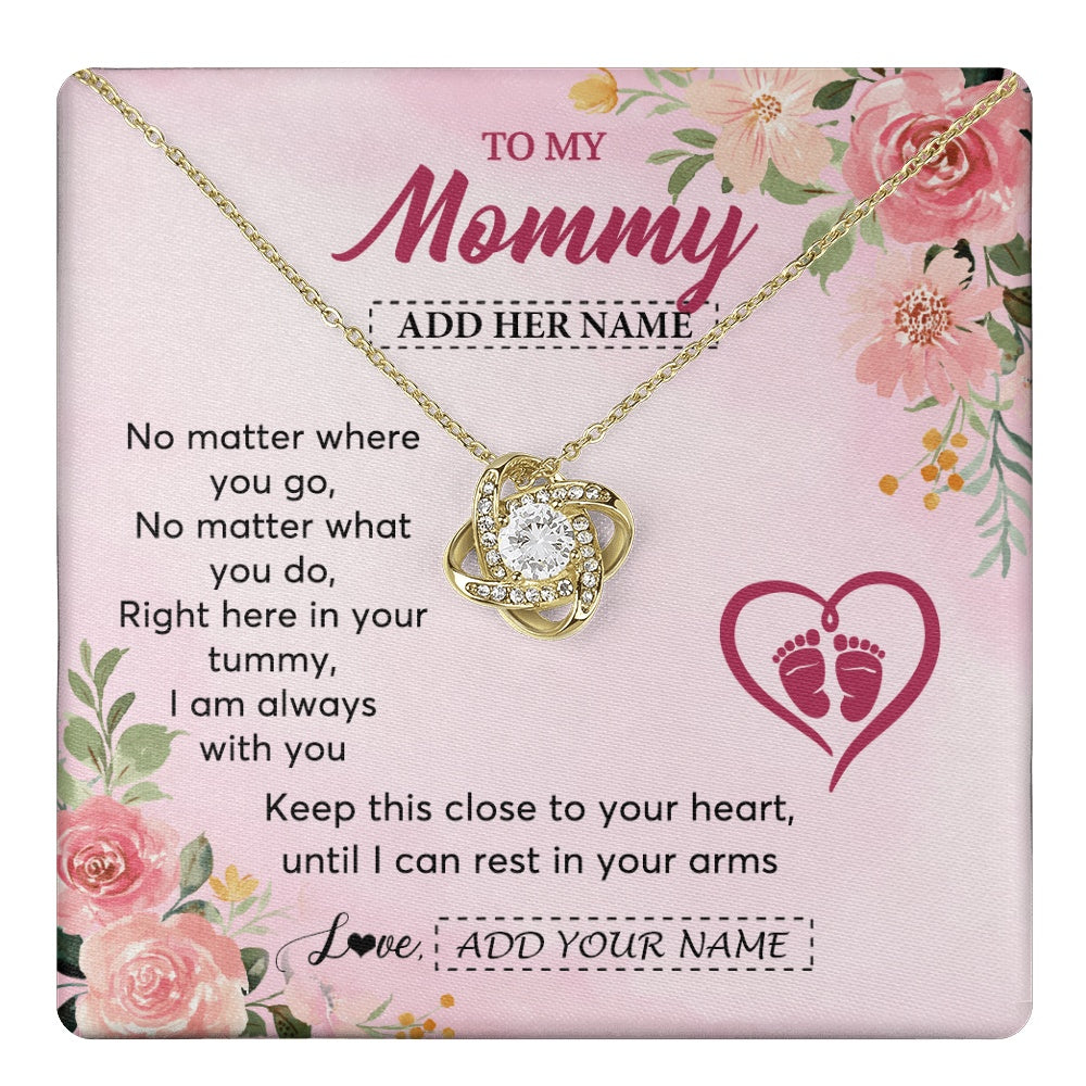 Love Knot Necklace 18K Yellow Gold Finish | 1 | Personalized Mommy To Be Gift Pregnancy Gifts To My Mommy From Baby Bump Necklace Expecting Mom Gifts New Mothers Day Jewellery Custom Gift Box Message Card | https://teecentury.