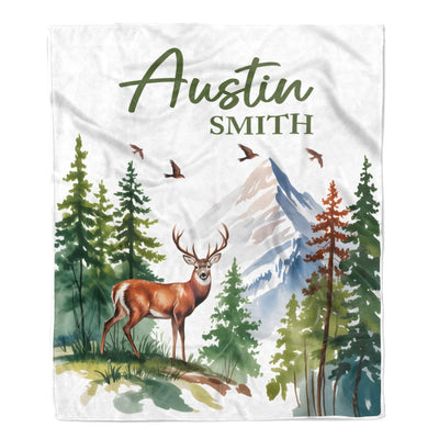 Personalized Mountain Forest Deer Baby Shower Blanket With Custom Name For Boy Newborn Expect Mom Customized Gifts For Birthday Christmas Fleece Throw Blanket | teecentury