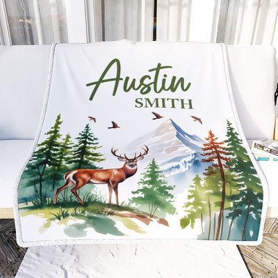 Personalized Mountain Forest Deer Baby Shower Blanket With Custom Name For Boy Newborn Expect Mom Customized Gifts For Birthday Christmas Fleece Throw Blanket | teecentury