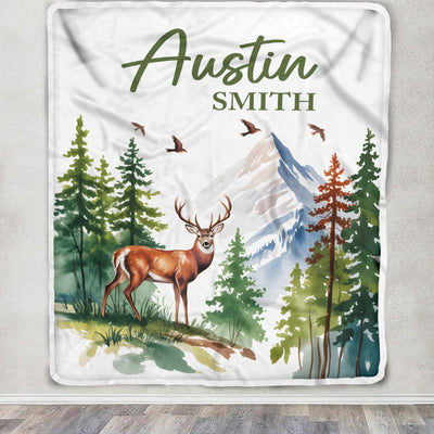 Personalized Mountain Forest Deer Baby Shower Blanket With Custom Name For Boy Newborn Expect Mom Customized Gifts For Birthday Christmas Fleece Throw Blanket | teecentury