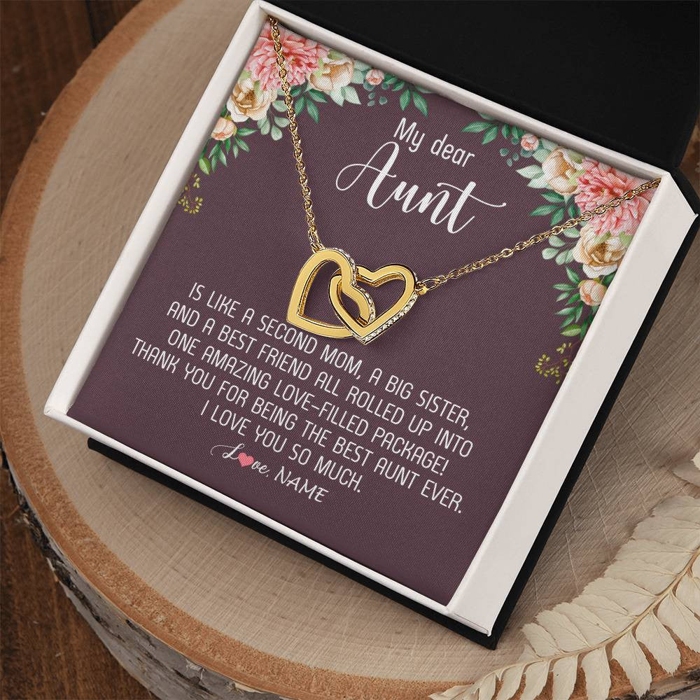 Interlocking Hearts Necklace 18K Yellow Gold Finish | Personalized My Dear Aunt Necklace From Niece Nephew Like A Second Mom Big Sister Aunt Jewelry Birthday Monthers Day Christmas Customized Gift Box Message Card | teecentury