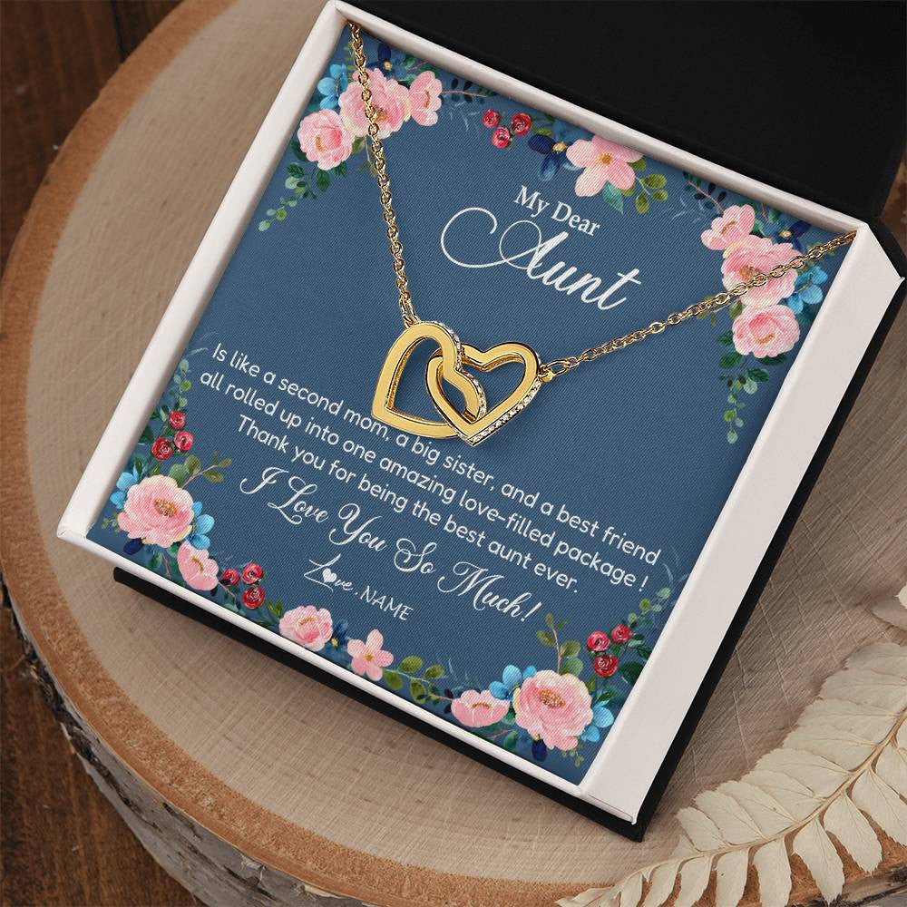 Interlocking Hearts Necklace 18K Yellow Gold Finish | Personalized My Dear Aunt Necklace From Niece Thank You For Being The Best Aunt Ever Pendant Jewelry Birthday Mothers Day Christmas Customized Message Card | teecentury