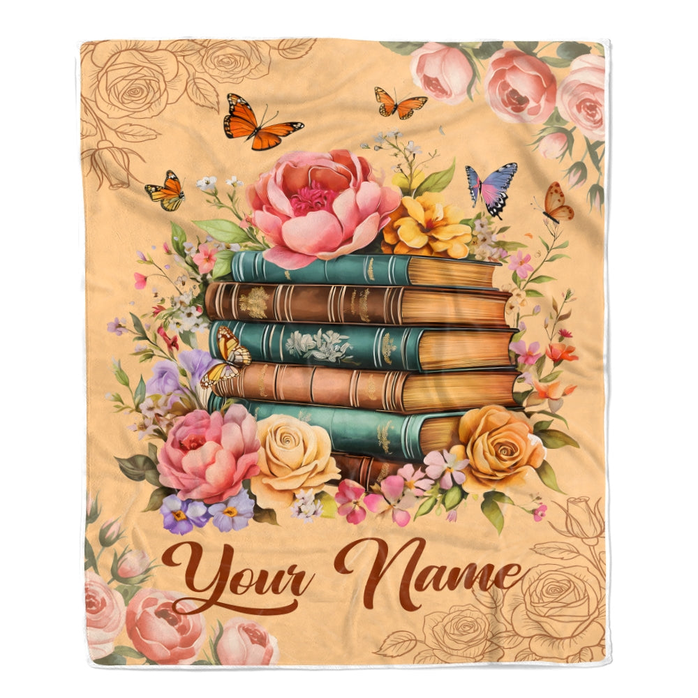 Personalized Name Books Blanket For Women Girl Reading Book Lover Floral Butterfly Vintage Library Gifts Daughter Birthday Christmas Custom Fleece Blanket | teecentury