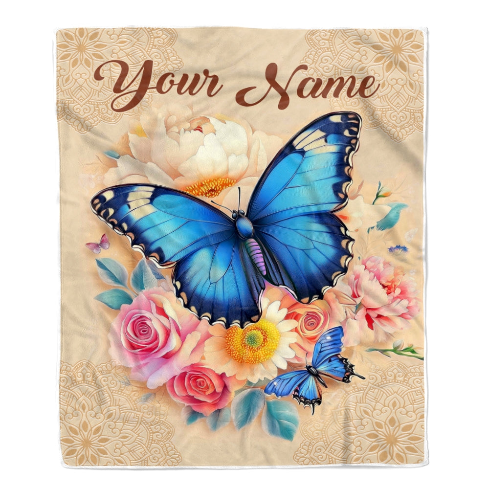 Personalized Name Butterfly Blanket For Women Girl Floral Bouquet Colorful Flowers Gifts Daughter Granddaughter Birthday Christmas Custom Fleece Throw Blanket | teecentury